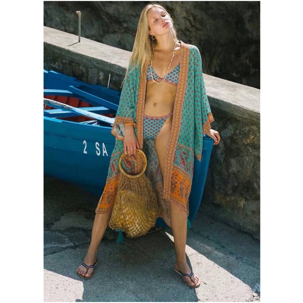 Red boho  Floral print Kimono Beach Cover Belted - Picture 5 of 14